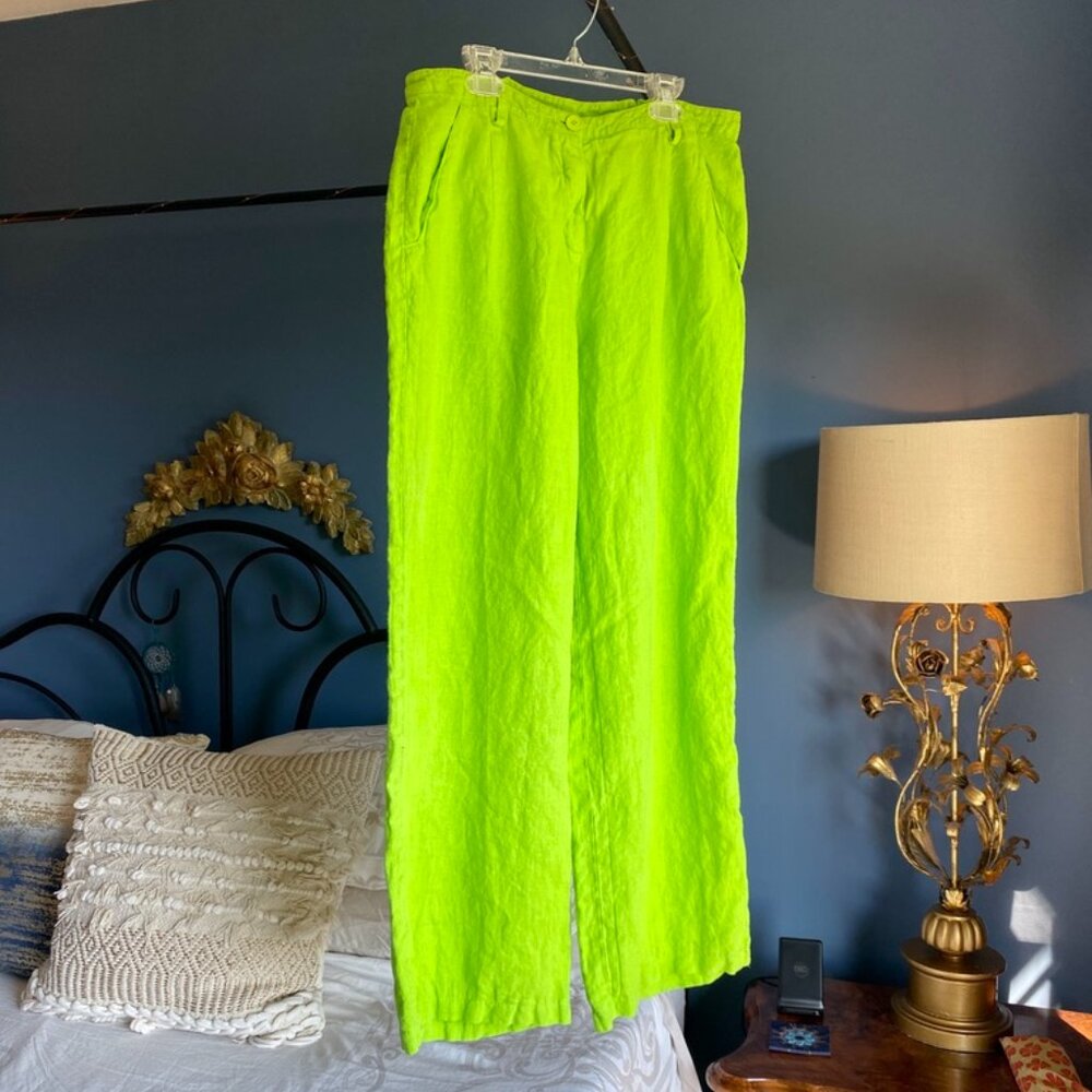 100% Linen Chartreuse Lime Green Wide Leg Pants